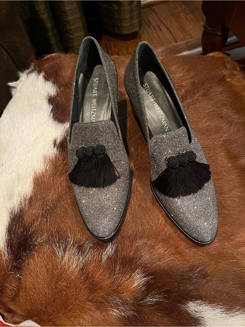 Stuart Weitzman Silver Glitter Loafers with Black Tassels